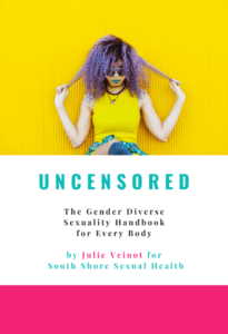 Cover of Uncensored: The Gender Diverse Sexuality Handbook for Every Body by Julie Veinot for South Shore Seual Health. There is a picture of a young person with purple hair standing in front of a yellow background.