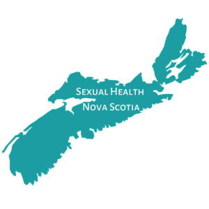 Logo for Sexual Health Nova Scotia, which is a teal shape of the province with the letters written in white across the northern part of the province.