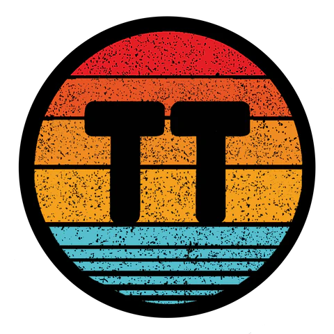 Logo for Trans Tape which features a round circle with reds, oranges, and blues as a background to two large Ts.